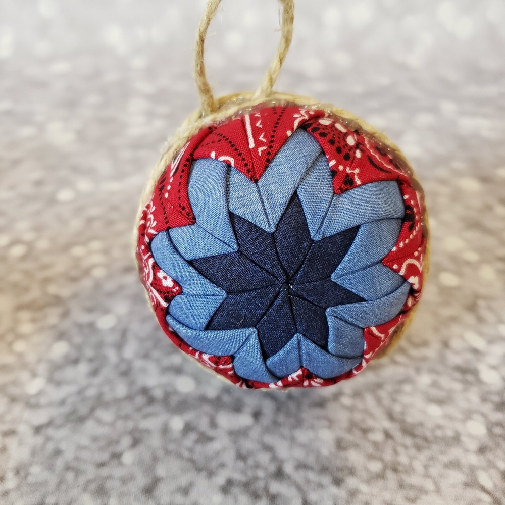 Quilted Fold Christmas Ornaments Fabric Red Blue Americana Western Hand Made - Picture 5 of 6